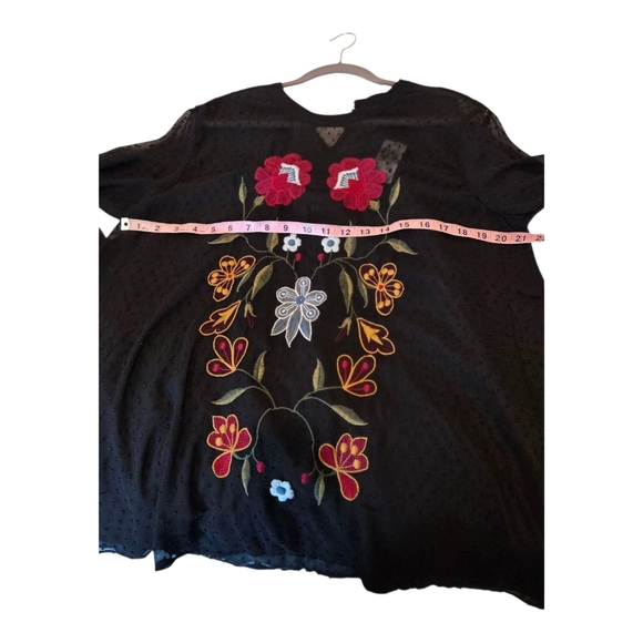 Boho Black Floral Embroidered Sheer Swiss Dot Blouse Top XL - Picture 10 of 14